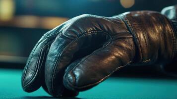 Close-up view of a dark brown leather glove on a pool table. photo