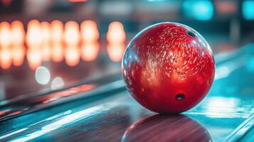 Close-up of a vibrant red bowling ball on a lane. photo