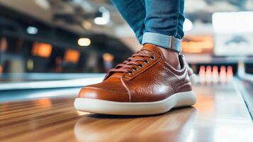 Close-up view of bowling shoes on a polished wooden lane. photo