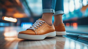 Close-up view of woman's bowling shoes on lane. photo