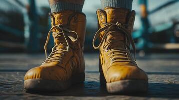 Close-up view of a pair of worn, mustard-yellow work boots. photo