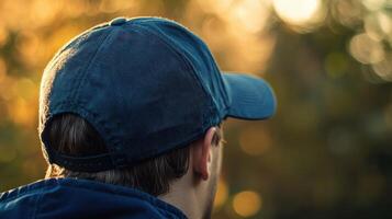 A man's navy blue cap in the golden light. photo