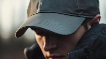 Close-up view of a person wearing a dark gray baseball cap. photo
