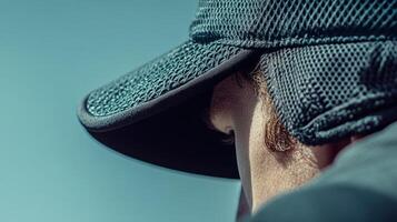 Close-up view of a person's back of head and neck, wearing a dark cap. photo