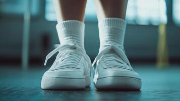Close-up view of white athletic shoes on feet. photo