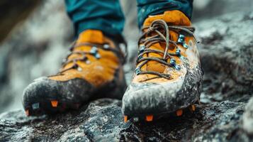 Close-up view of dirty hiking boots on rocky terrain. photo