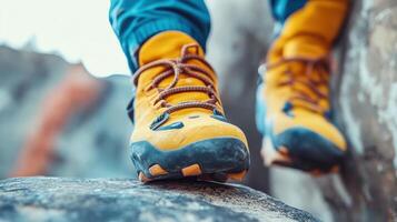 Close-up view of vibrant yellow hiking boots on a rock face. photo