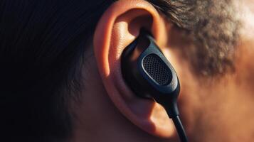 Close-up view of a dark-colored earbud in the ear. photo