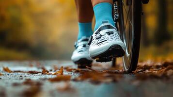 Closeup of cycling shoes and socks on a wet autumn path. photo