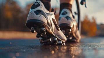 Close-up view of athletic footwear on a wet surface. photo