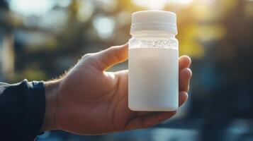 Close-up view of a white plastic bottle held by a hand. photo