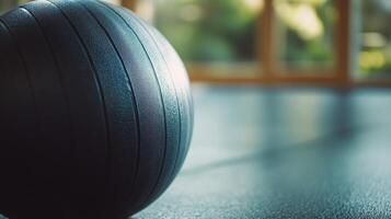 Dark exercise ball resting on a gym floor. photo