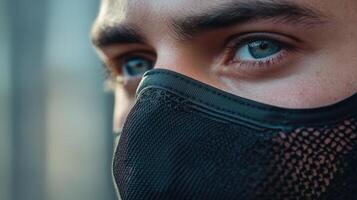 Close-up profile view of a person wearing a dark face mask. photo