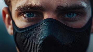 Close-up portrait of a person wearing a dark face mask. photo