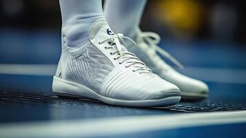 Close-up view of a pair of athletic shoes on a court surface. photo