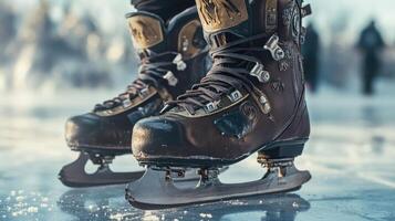 Close-up view of winter ice skates on a frozen surface. photo