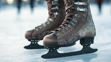 Close-up of brown ice skates on a frozen surface. photo