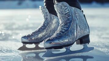 Close-up view of metallic ice skates on a frozen lake. photo
