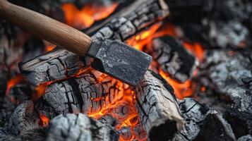 Close-up view of a hatchet over a glowing campfire. photo