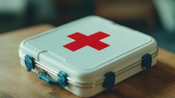 First-aid kit resting on a wooden surface. photo