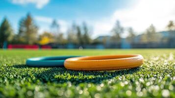 Two colorful rings on a grassy field under a clear sky. photo