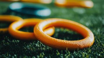 Close-up view of two bright orange rings on artificial grass. photo