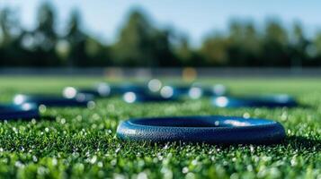 Close-up view of blue rings on a grassy field. photo