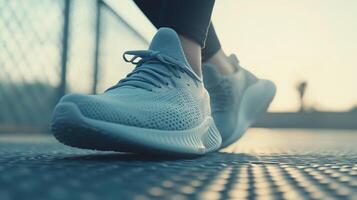 Close-up view of light-gray athletic shoes on a paved surface. photo