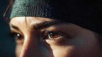 Close-up view of focused female eyes and forehead. photo