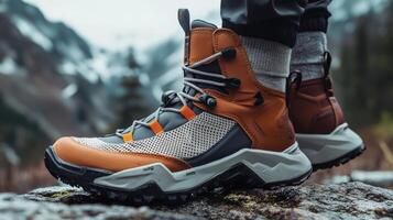 Close-up view of hiking boots on a rocky outcrop. photo