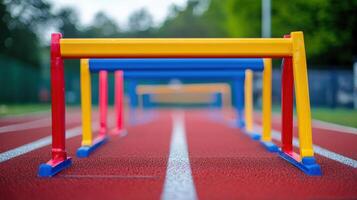 Colorful hurdle race track obstacles in perspective. photo