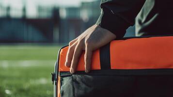 Close-up view of a person holding an orange insulated bag. photo