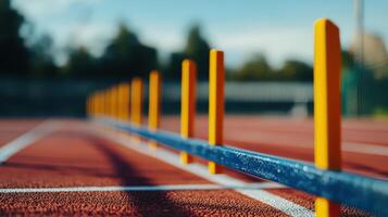 Close-up view of hurdle training equipment on a track. photo