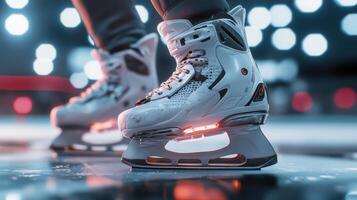 Close-up of ice skates on a reflective surface. photo