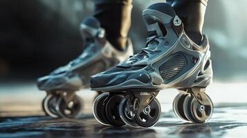 Close-up view of modern roller skates on a wet surface. photo