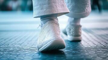 Close-up view of person walking on paved surface. photo