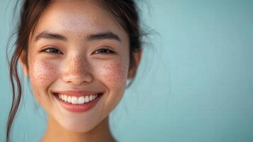Smiling young woman with freckles and a healthy smile. photo