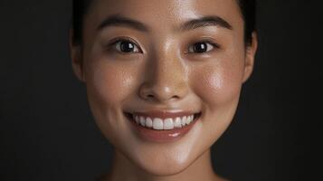 A woman with a white smile and a black background photo