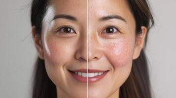 Comparison of skin tone with and without cosmetic product. photo