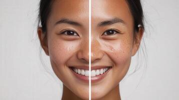 A split-view portrait showcasing skin tone comparison. photo