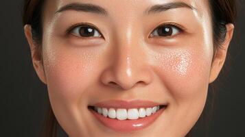 A woman with a white smile and a pink face photo