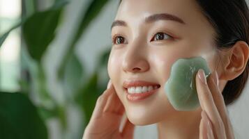 Close-up of a woman applying a jade facial stone. photo