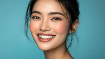 A vibrant portrait of a woman with a radiant smile. photo