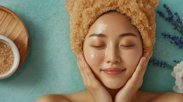 Woman enjoying a facial treatment with calming elements. photo