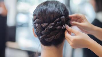 A woman is putting hair in a braid photo