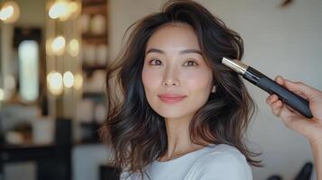 Smiling person with styled dark hair and a hair styling tool. photo