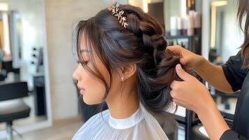 Elegant updo hairstyle being styled in a salon. photo