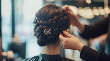 Elegant braided hairstyle being styled by a professional. photo