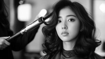 Stylish black and white image of a woman receiving a hair treatment. photo