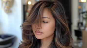 Close-up of a woman with highlighted, wavy hair. photo